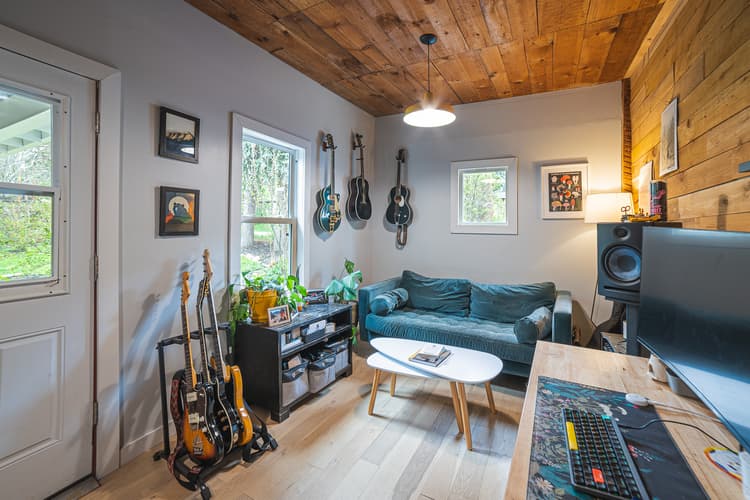 the interior of a home music studio